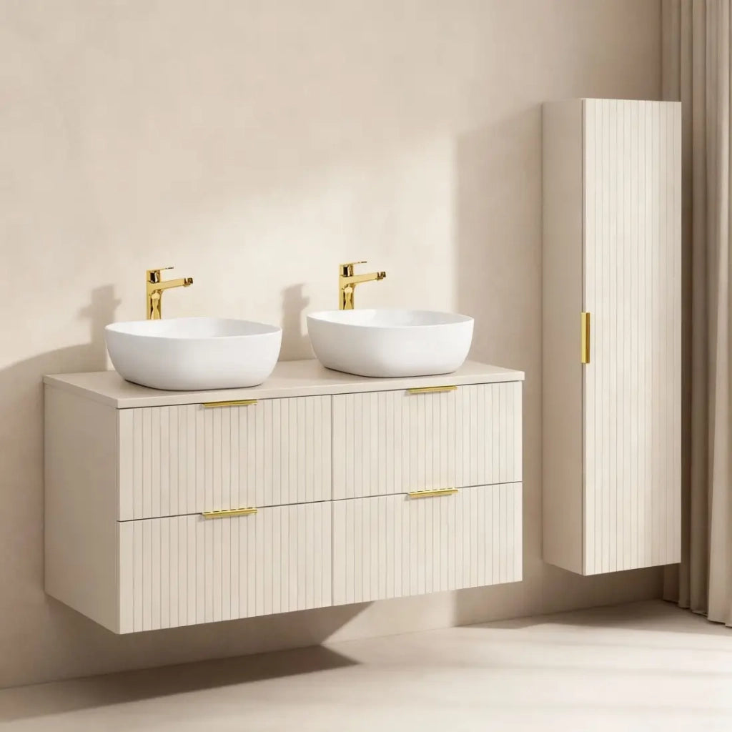 Set da bagno NOXERA 120 cm – Marrone Congo – 2 lavabi da appoggio + 4 cassetti + colonna sospesa