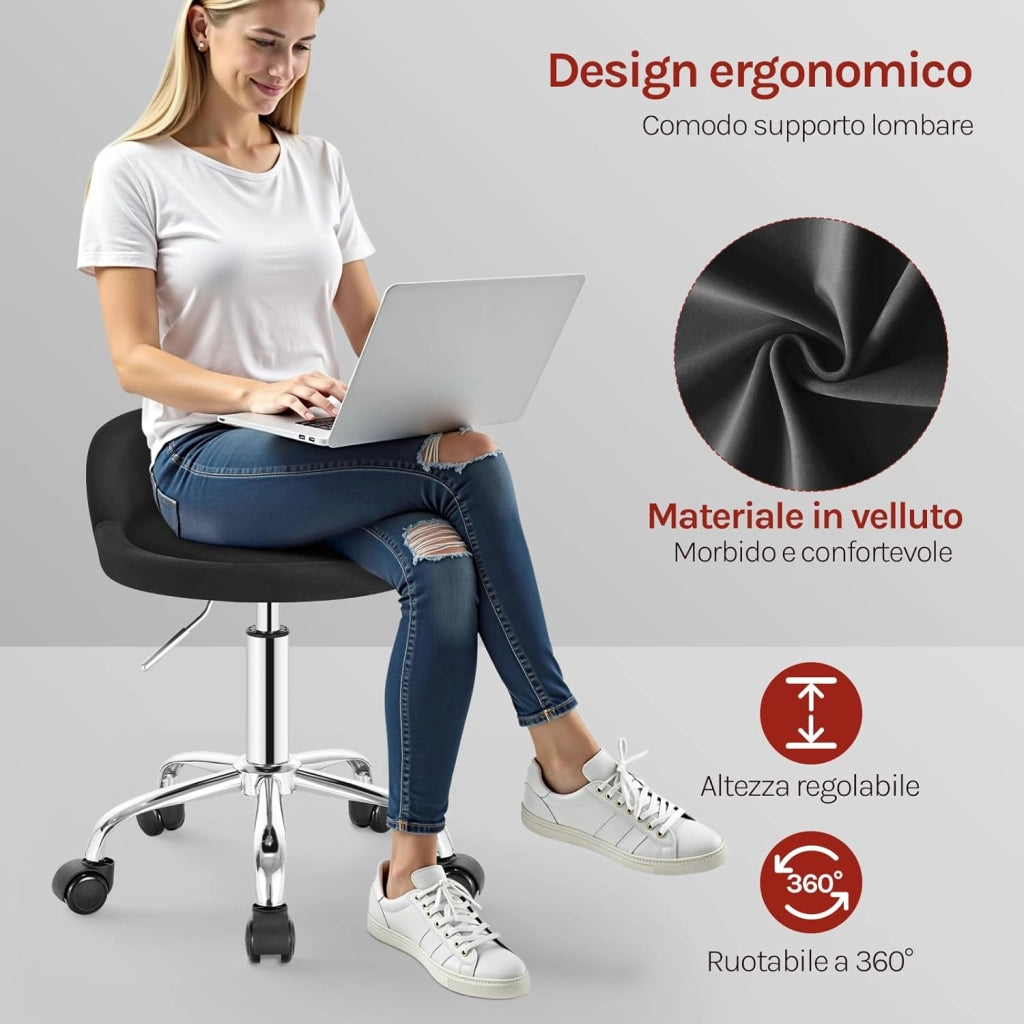 Sgabelli con Ruote Regolabile, in Altezza per Estetista Parrucchiere Tattoo Studio Salone Sedia Girevole in Velluto, Sedia da trucco, Nero BS127sz