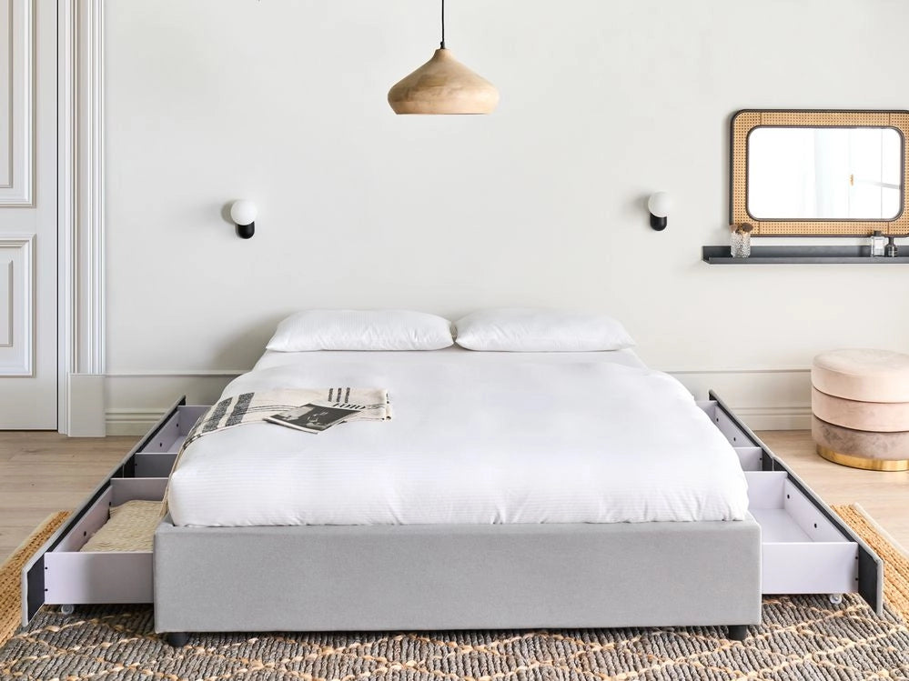 Letto matrimoniale in Tessuto beige chiaro con Cassetti 160 x 200 cm Design tradizionale