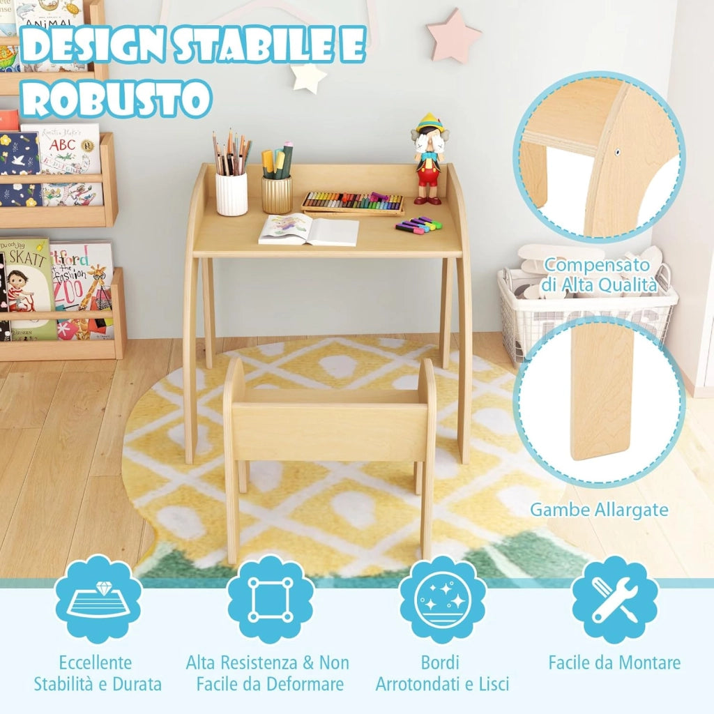 Set Tavolo e Sedie per Bambini 3+ Anni, Tavolino Legno con Sedie per Cameretta con Bordo Curvato e Ampio Piano, Mobile Salvaspazio per Camera da Letto, Soggiorno e Asilo (Naturale)