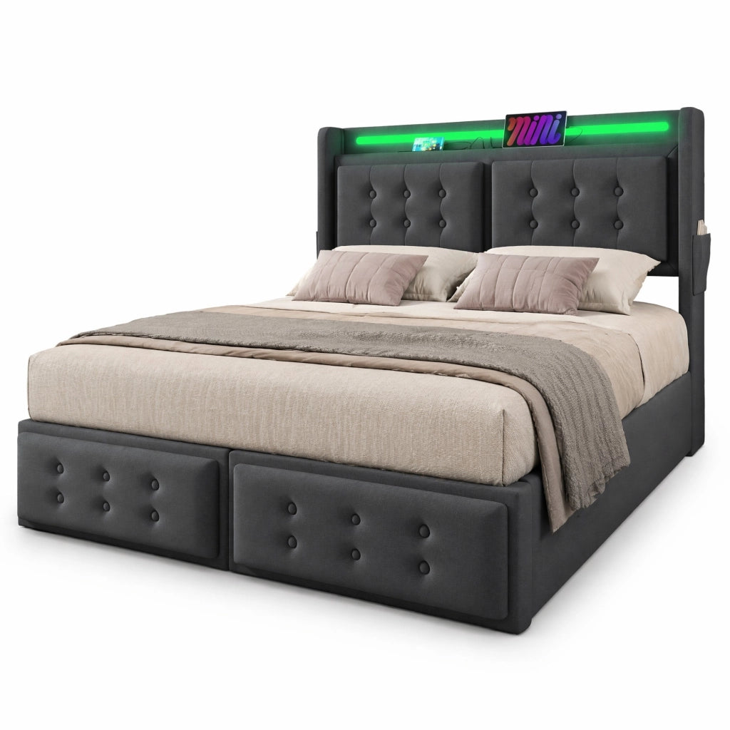 Letto imbottito 160x200 con testiera LED, prese e contenitore sollevabile