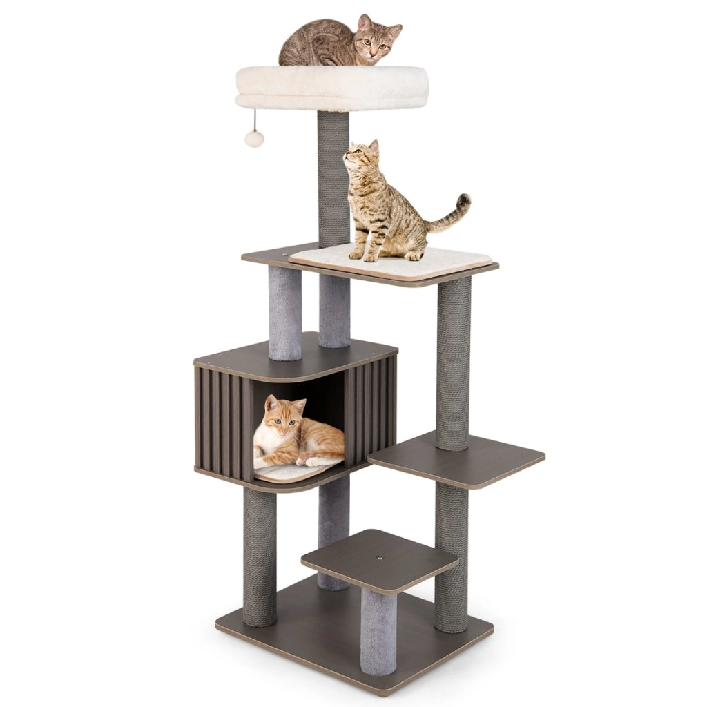 Mobile per arrampicata per gattini in legno con palla pompom appesa-Albero per gatti a 6 livelli da interno per gatti alta 151 cm Grigio