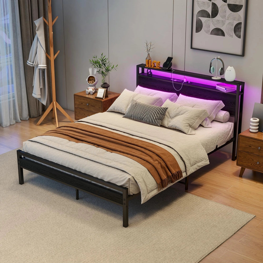 LETTO 140x200 cm con contenitore, metallo e MDF, nero, USB e LED