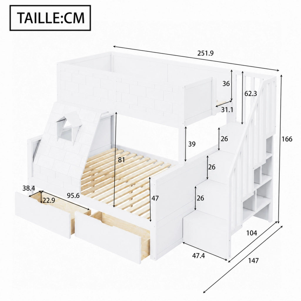LETTO a castello con scala, cassetti e finestra 90x200/140x200 cm Bianco