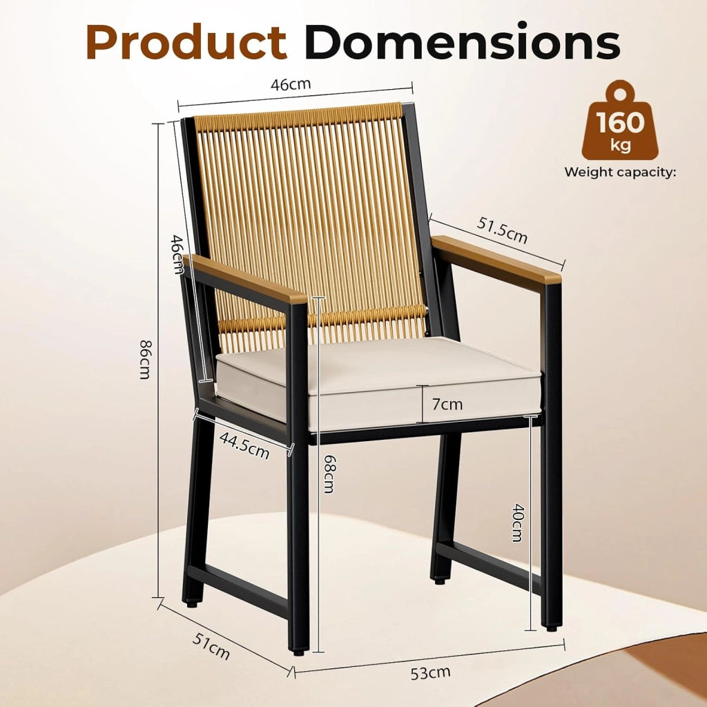 Set di 4 sedie da giardino in rattan, resistenti alle intemperie, con braccioli in WPC, sedie per esterni con cuscino rimovibile, sedie da pranzo in metallo, portata fino a 160 kg, per