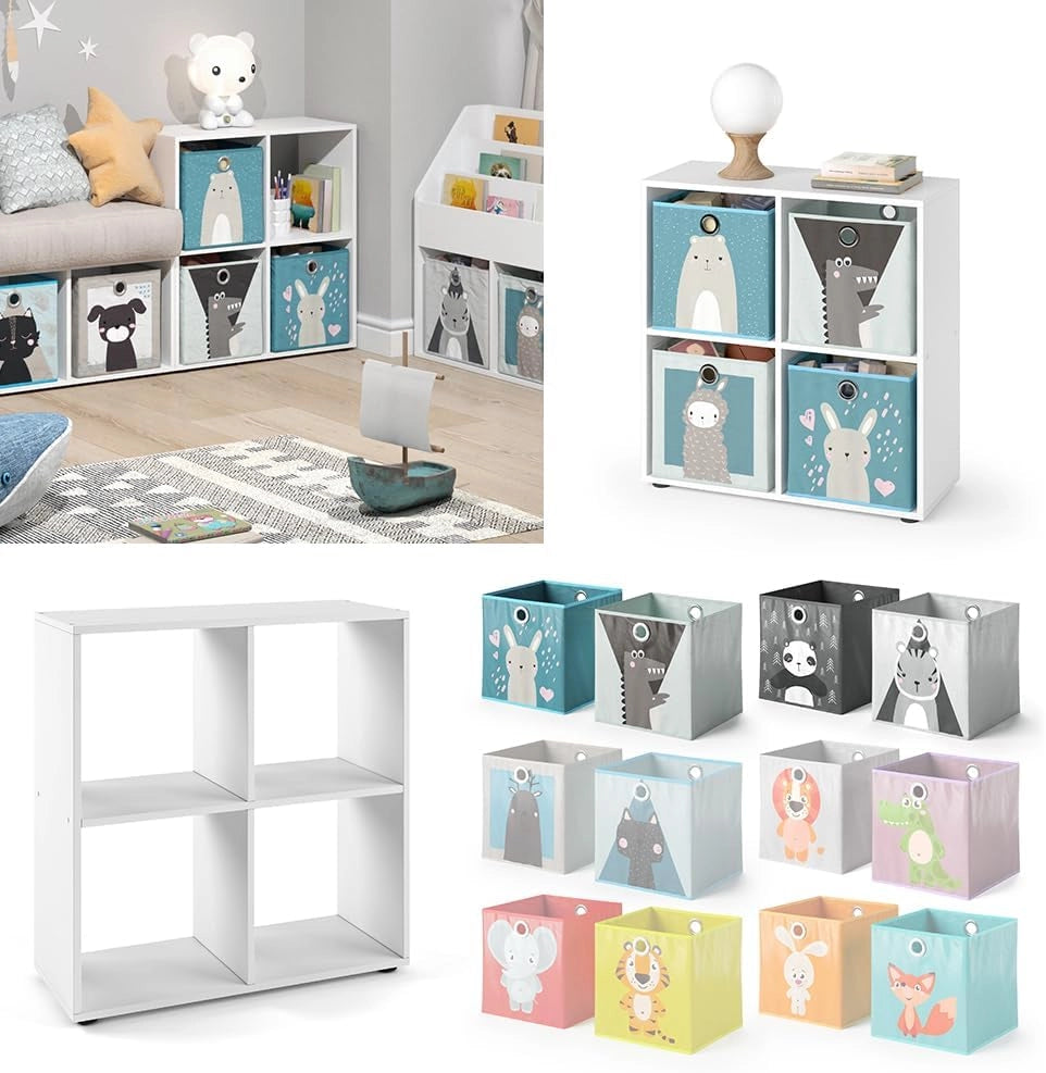 Libreria bambini Tetra, Bianco, 72.6 x 72 cm con 4 scatole pieghevoli, adatto per riporre giocattoli e libri