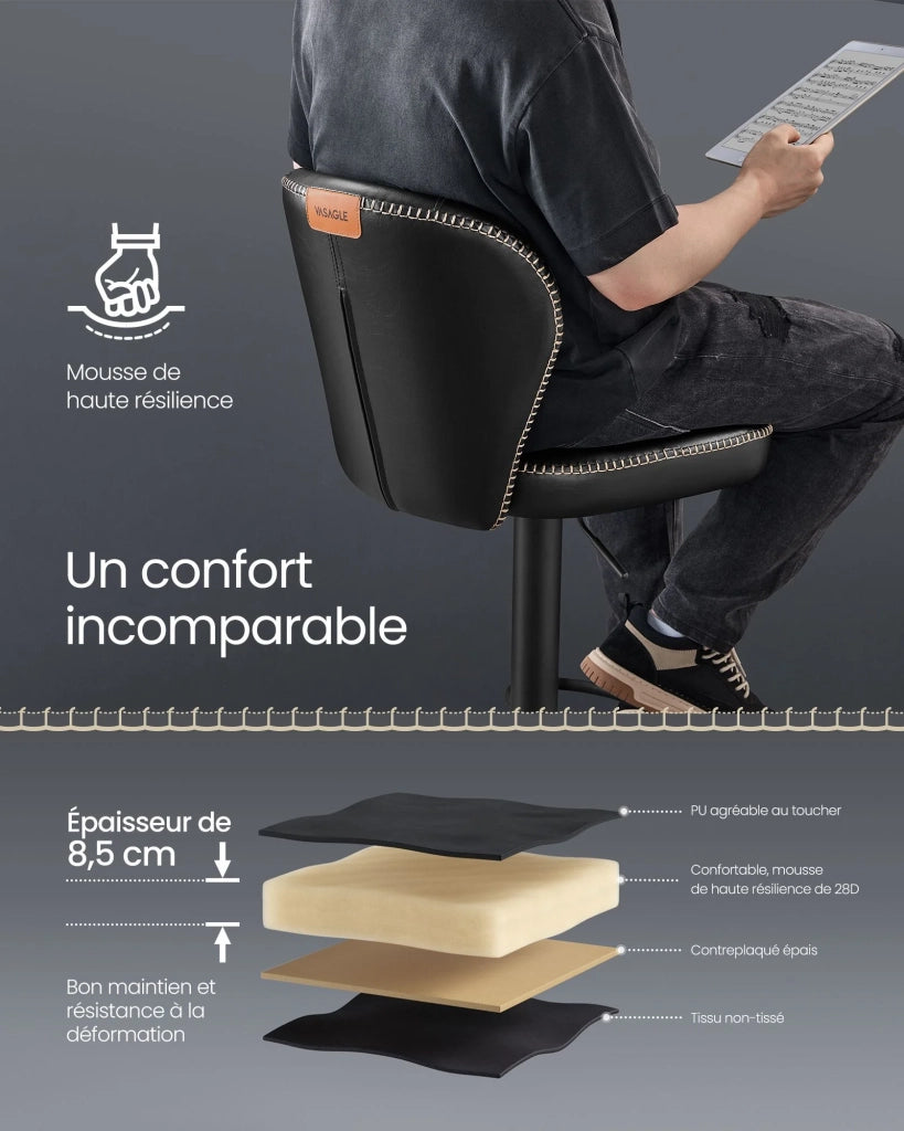 Sgabello da bar girevole a 360° set da 2 altezza regolabile schienale in PU con cuciture stile moderno di metà secolo per cucina/bar facile da montare nero 12_0005381