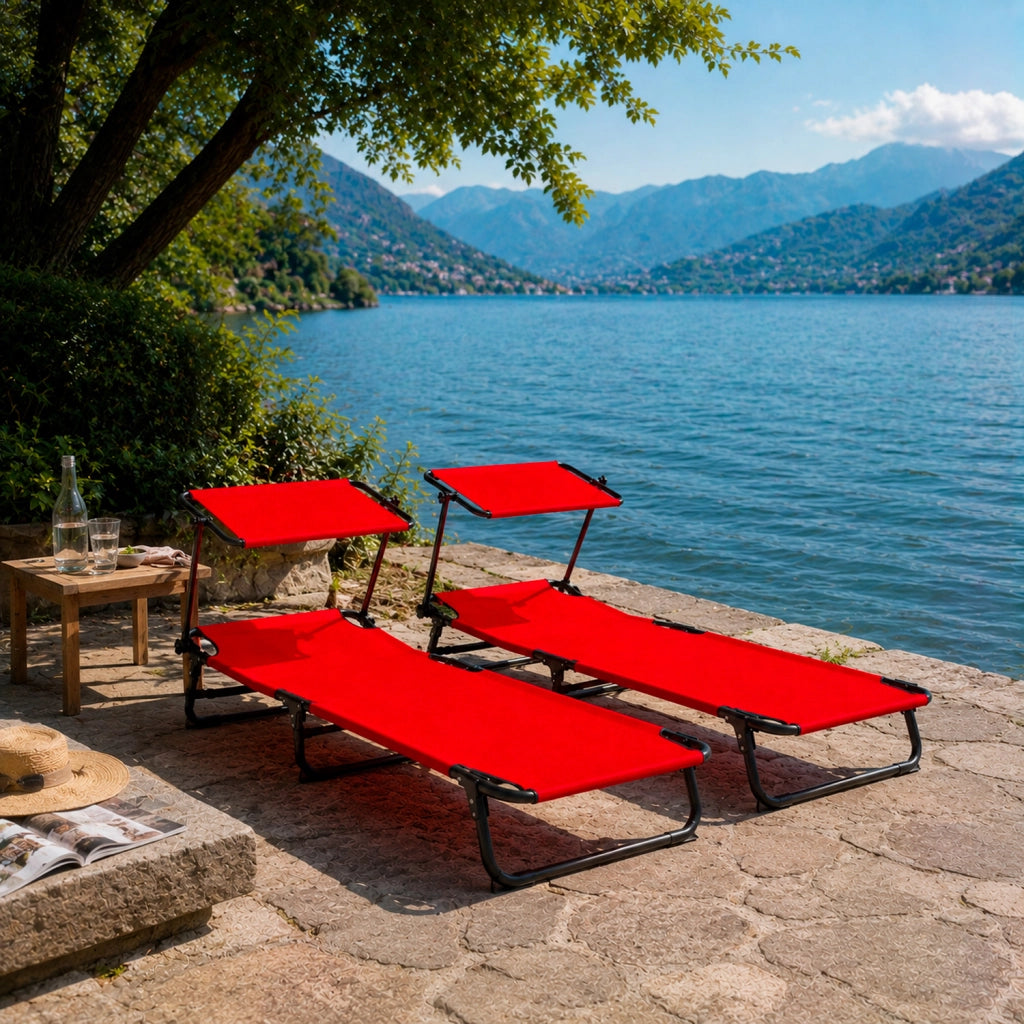 Lettino Pieghevole Con Tettuccio Regolabile Prendisole Parasole Schienale Reclinabile Regolabile Struttura In Metallo Nero Sedia Sdraio Per Spiaggia Mare Giardino Piscina 187 x 53 x 24 Cm Rosso