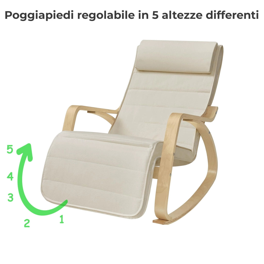 Sedia A Dondolo Reclinabile In Legno E Metallo Con Poggiapiedi Poltrona Regolabile 5 Posizioni Per Balcone Giardino Interno Esterno 121.5 x 55 x 84 Cm Beige