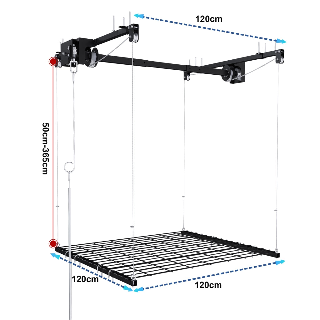 Scaffale da garage con sistema a manovella e blocco manuale per montaggio a soffitto; acciaio; nero; 120×120 cm