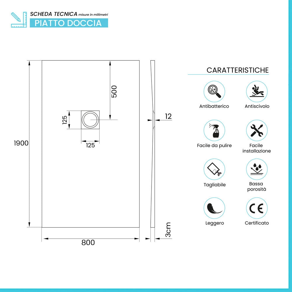 Piatto doccia 80x190 in marmoresina effetto pietra grigio riducibile Ten