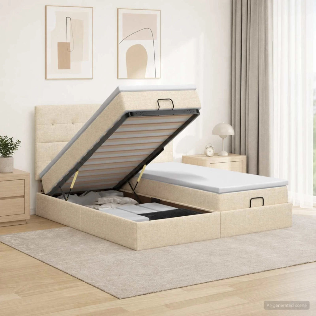 Letto ottomano con materasso con testiera 2 pz Crema Tessuto 3457860