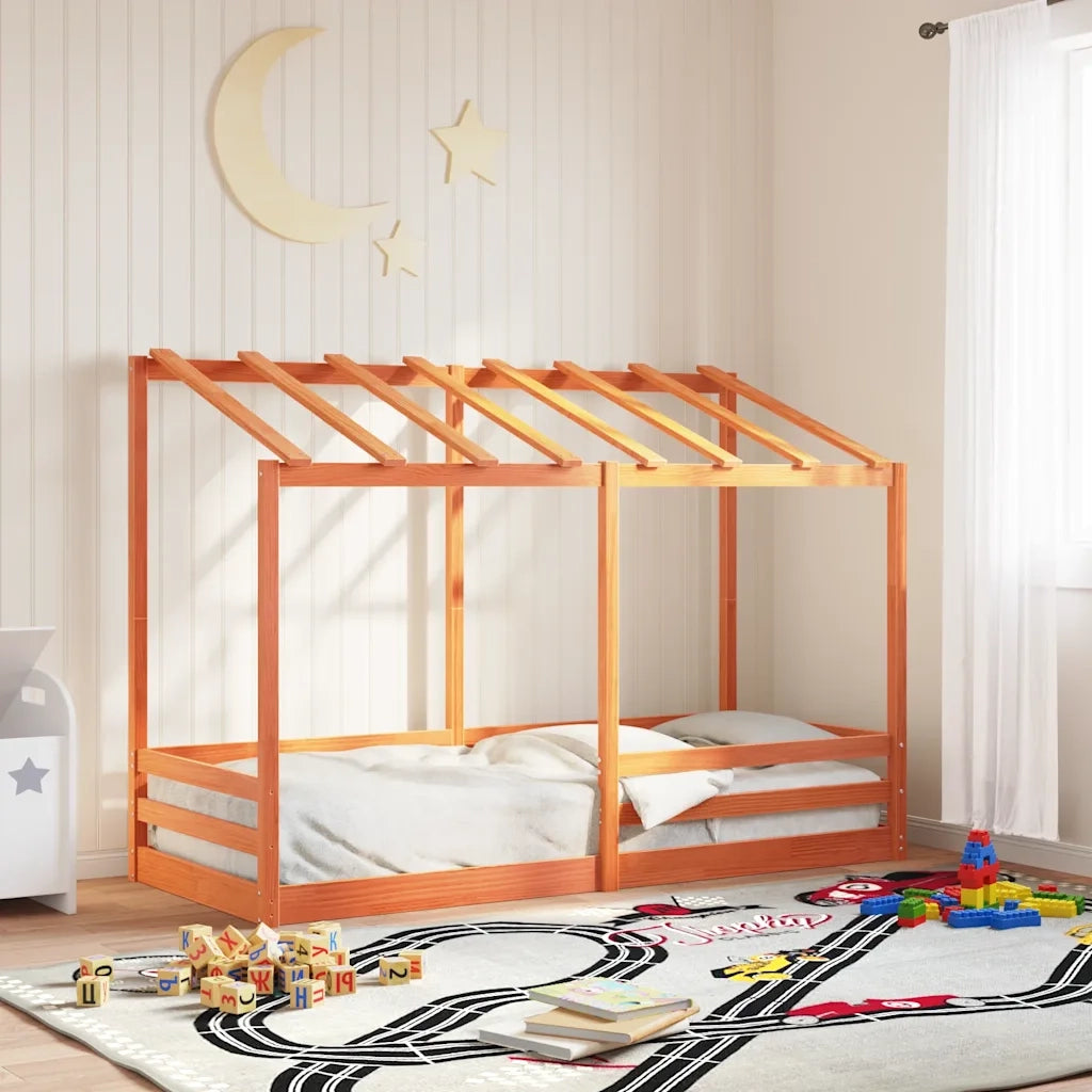 Letto Bambini | Letto Infantile | Lettino con Tetto Marrone Cera 75x190 cm Massello Pino