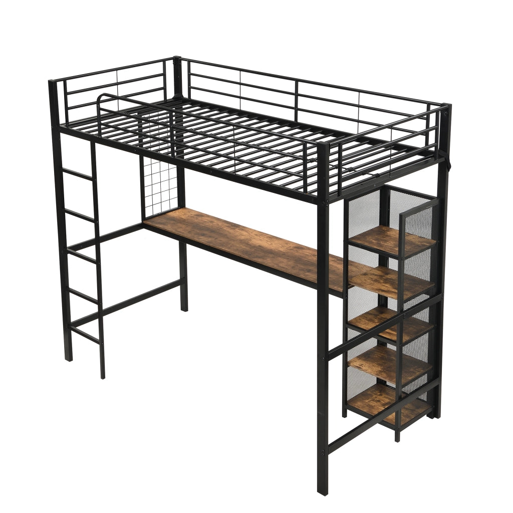 Letto a soppalco 90x200 con scrivania e scaffale a 5 ripiani; metallo e MDF; nero e noce scuro