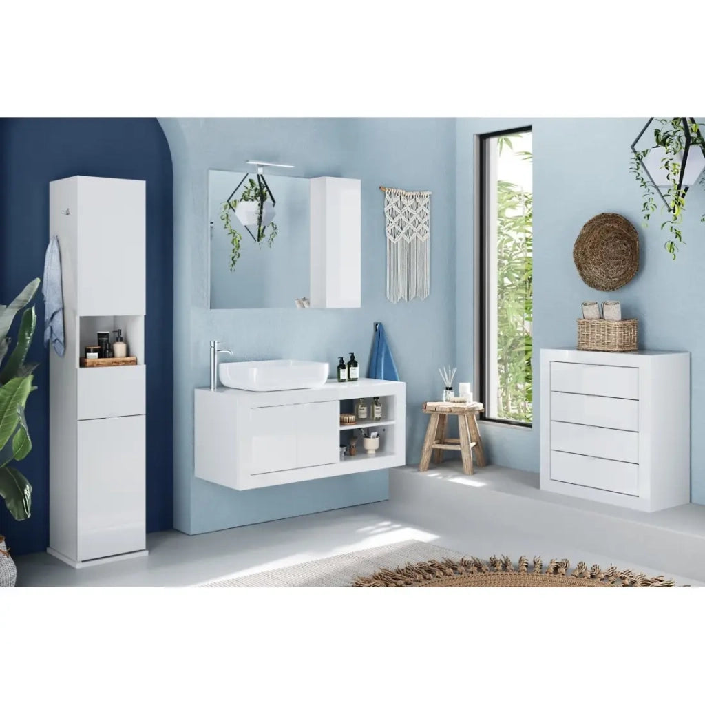 Colonna da bagno girevole con specchio, 2 porte, collezione ISORA. Colore bianco lucido.