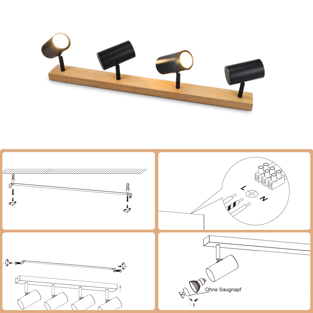 ZMH Faretto da soffitto Plafoniera in legno nero 4 fiamme GU10 orientabile 350° vintage