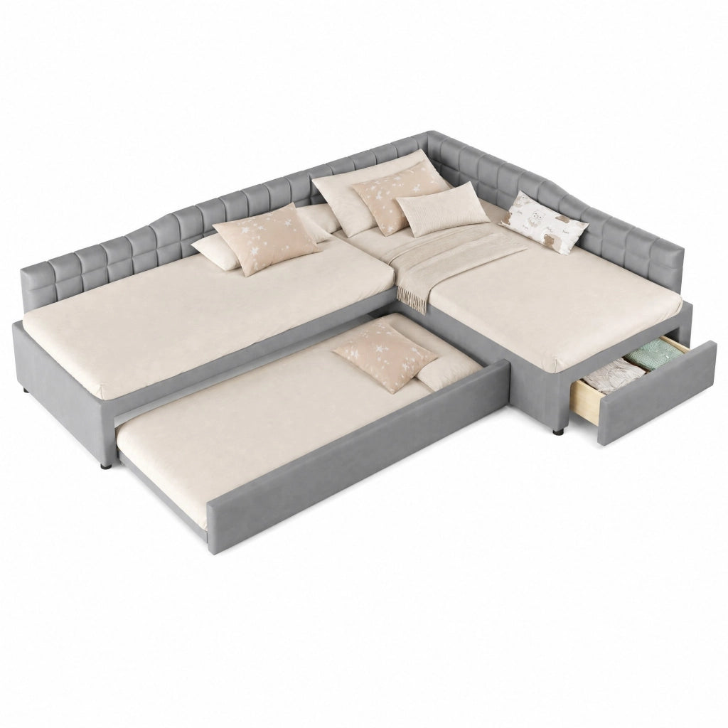 Letto angolare imbottito 90x200 con letto estraibile e cassetti