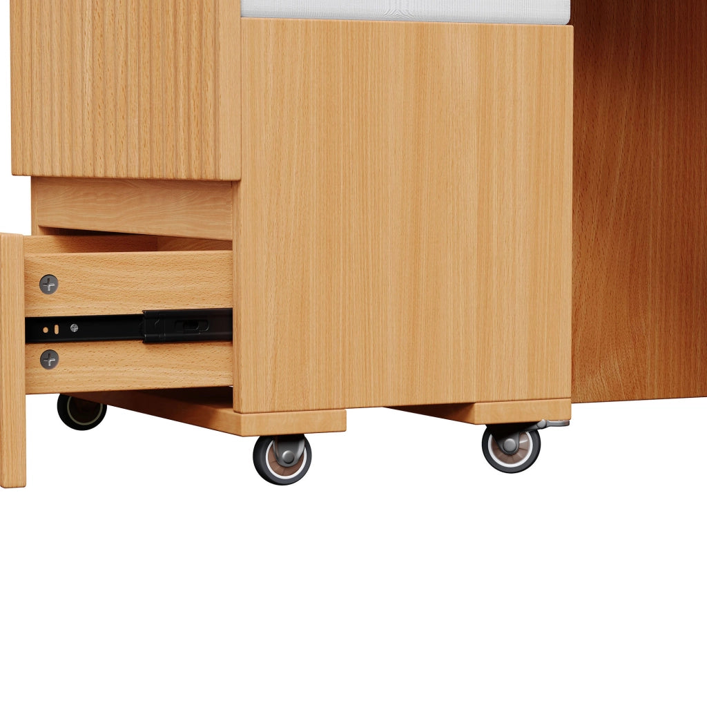 Toeletta compatta con specchio LED pieghevole, prese integrate e sedia con rotelle
