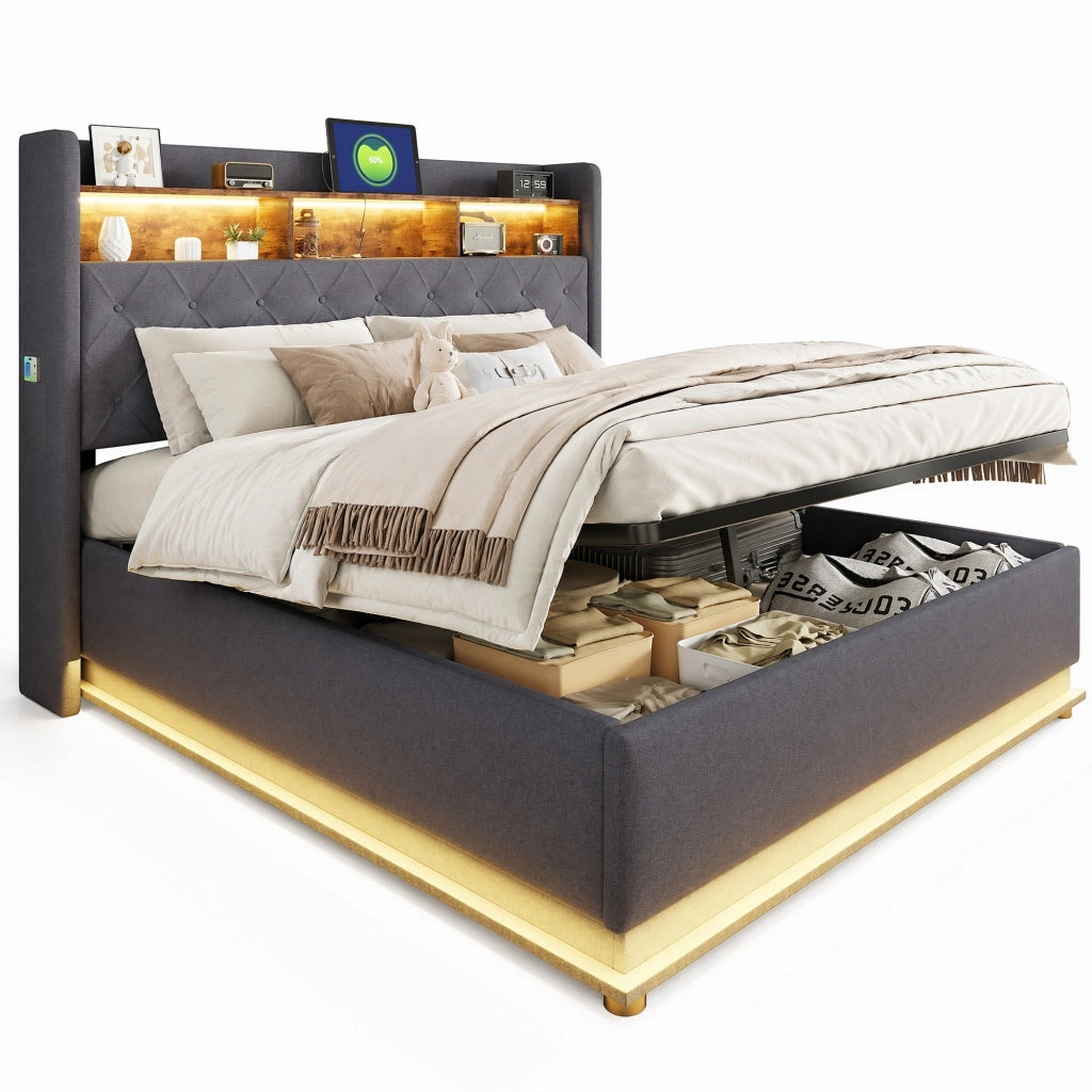 Letto imbottito LED 180x200 cm con USB e contenitore idraulico, grigio