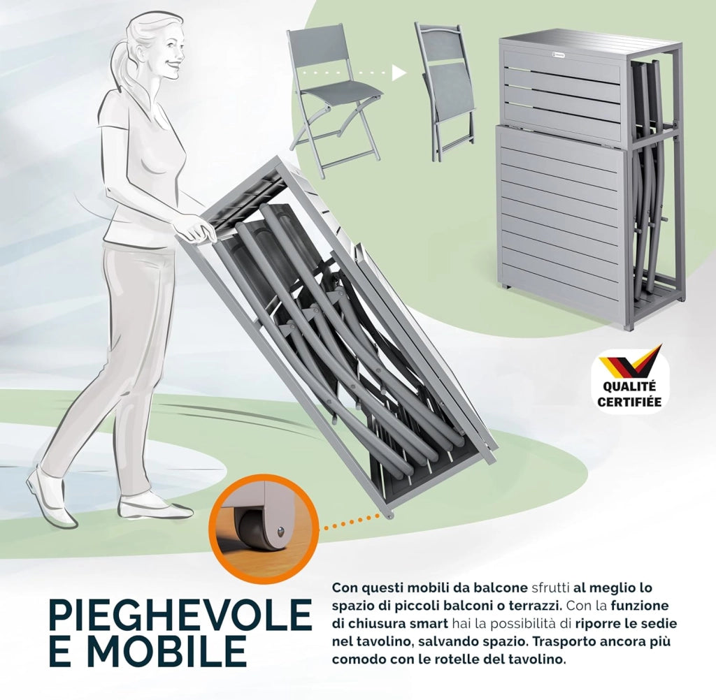 ® Set di Mobili Balcone 3 Sedie Tavolo Pieghevole Salvaspazio in Acciaio Verniciato Salottino Giardino Terrazze Grigio