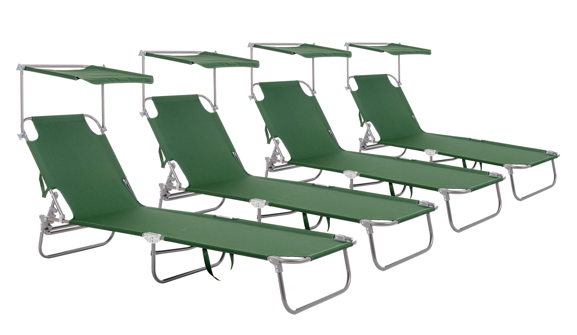 Set 4 Lettini Prendisole da Giardino 55x185x70 cm in Tessuto Poliestere con Tettuccio Orisano Verde