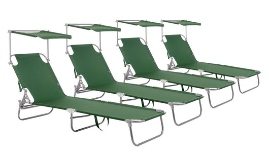 Set 4 Lettini Prendisole da Giardino 55x185x70 cm in Tessuto Poliestere con Tettuccio Orisano Verde