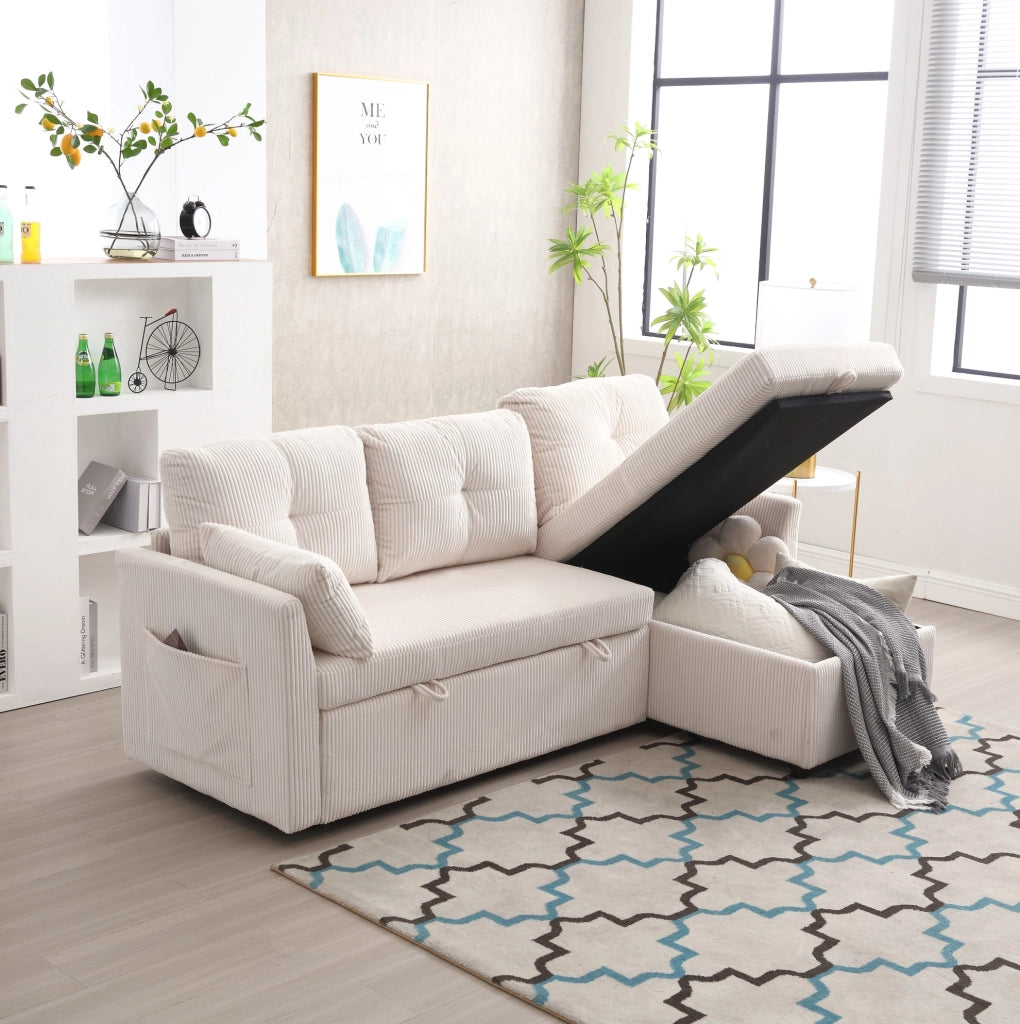 Divano letto modulare beige in velluto a coste con contenitore