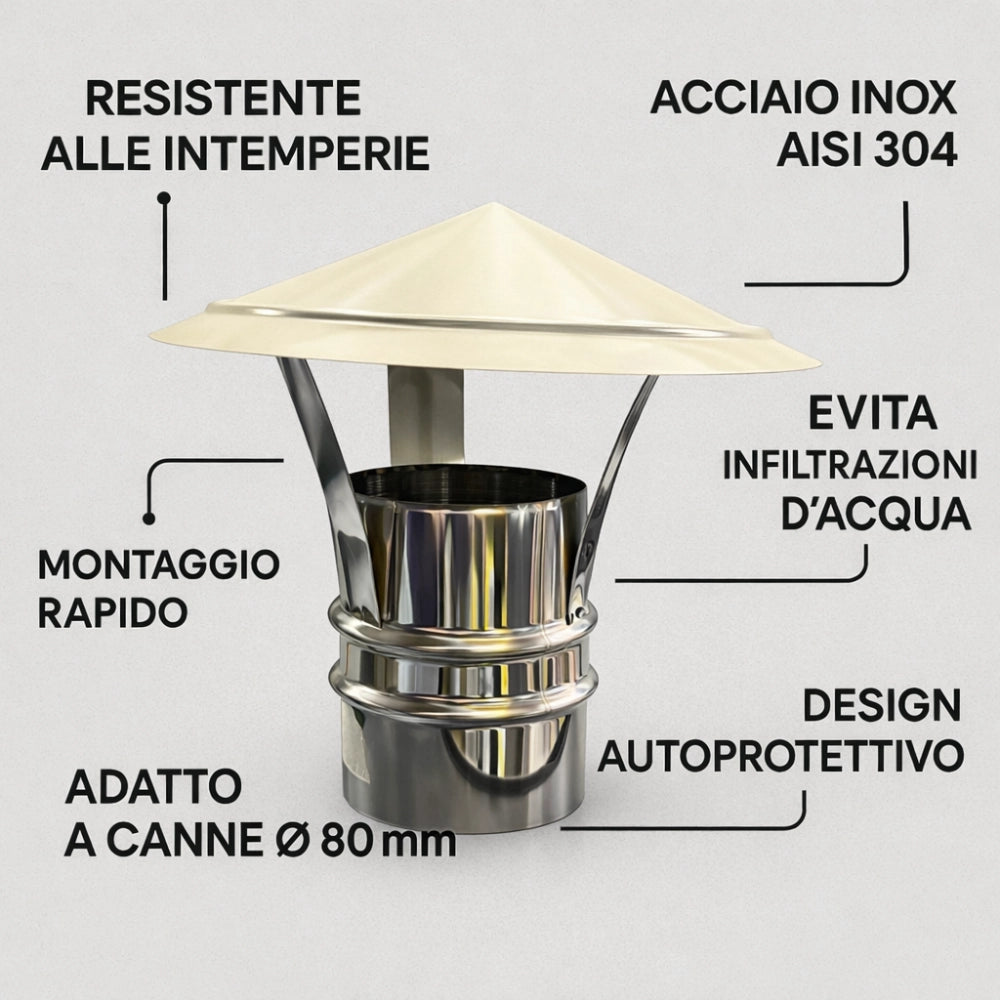 Cappello cinese acciaio inox base tonda Ø 80 tiraggio camino dispersore fumi