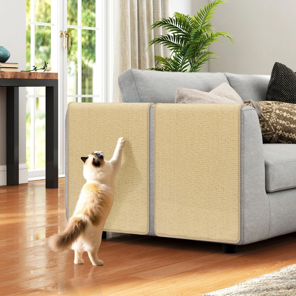 Tappetini in sisal naturale per gatti da interno con nastri adesivi a strappo, Set di 2 tappetini tiragraffi per gatti Naturale-Lettini e divanetti