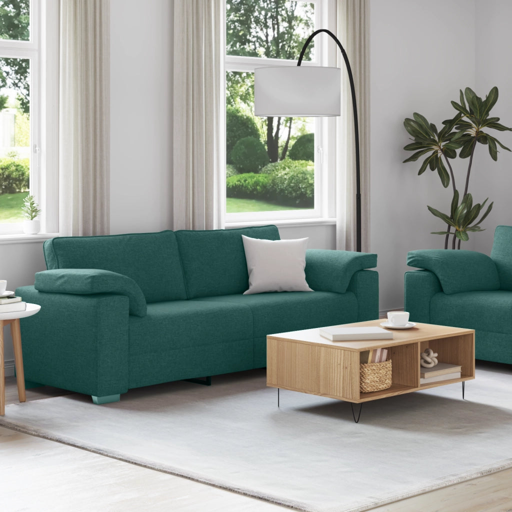 Set divano 2 pezzi con cuscini in tessuto verde scuro