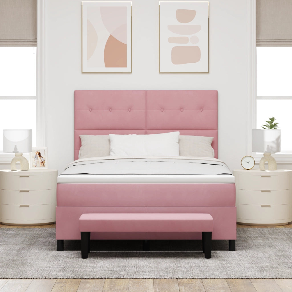 Letto a molle con materasso e panca rosa 160x200 cm velluto