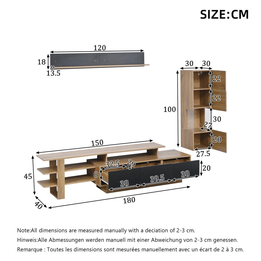 TV Wohnwand Set 3-teilig con illuminazione LED - Zephmum - TV fino a 80", 1 armadio, 1 vetrina, 1 scaffale sospeso, colore nero e legno naturale
