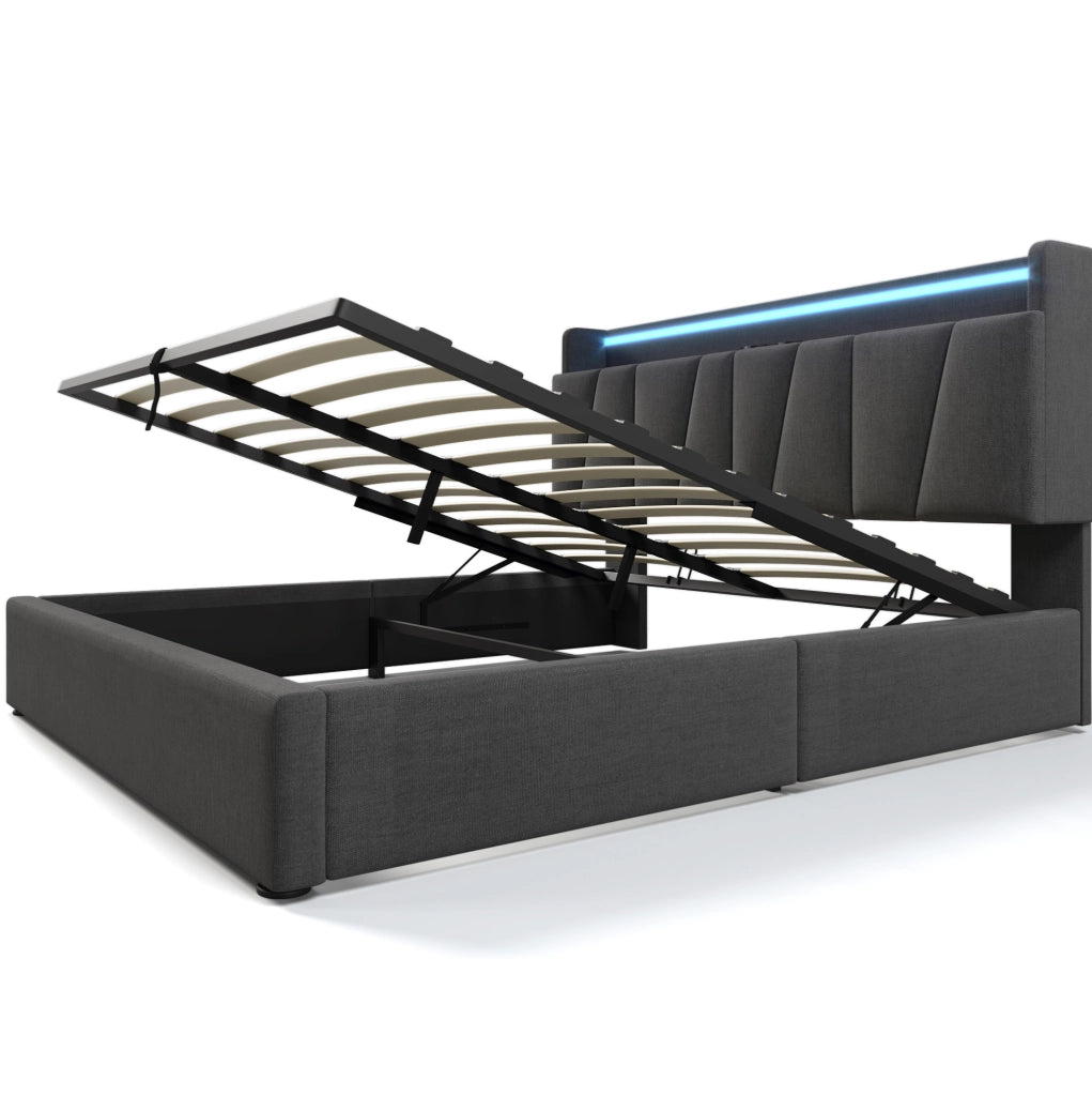 Letto matrimoniale 140x200 cm in lino grigio con contenitore; testiera con USB e LED RGBW; con materasso