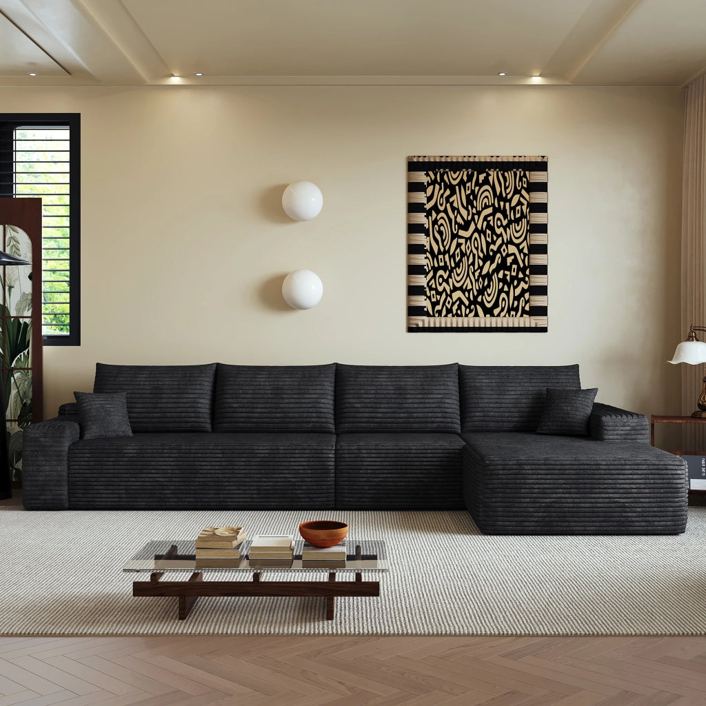 Divano angolare modulare con chaise longue e assise profonda in tessuto a coste nero senza montaggio per soggiorno