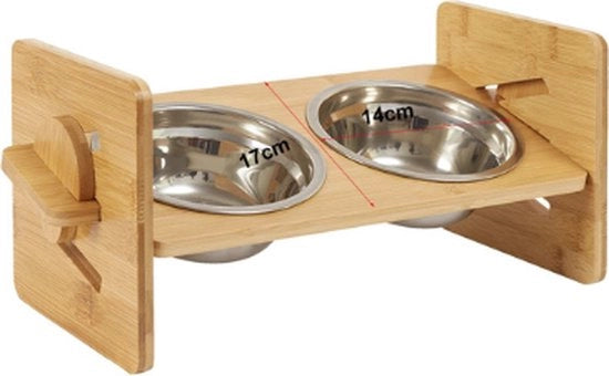 Contenitore da cibo e acqua per animali in legno - Contenitore da cibo - Beccuccia - Regolabile in 4 altezze - Inclinabile - 2 ciotole in acciaio inossidabile da 380 ml l'una - Dimensioni: 16 x 17 x 31 cm - Materiale: Bambù