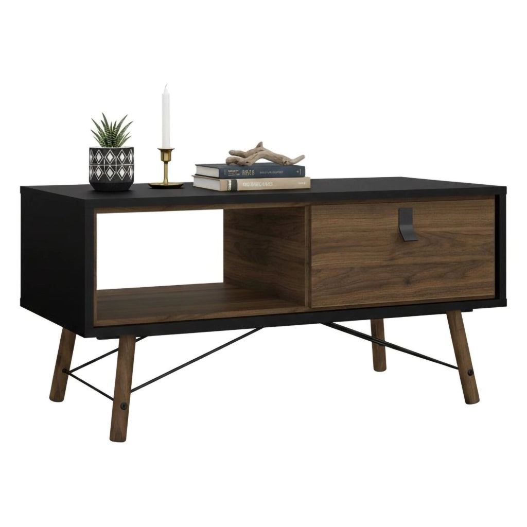 Tavolino da salotto Maximilien, Tavolo basso da caffè, Portariviste per divano, Ripiano da soggiorno, 102x48 h50 cm, Nero e Noce