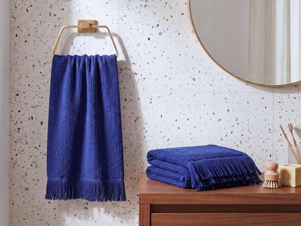 Set di 2 asciugamani bagno in spugna di cotone blu marino con nappe decorative