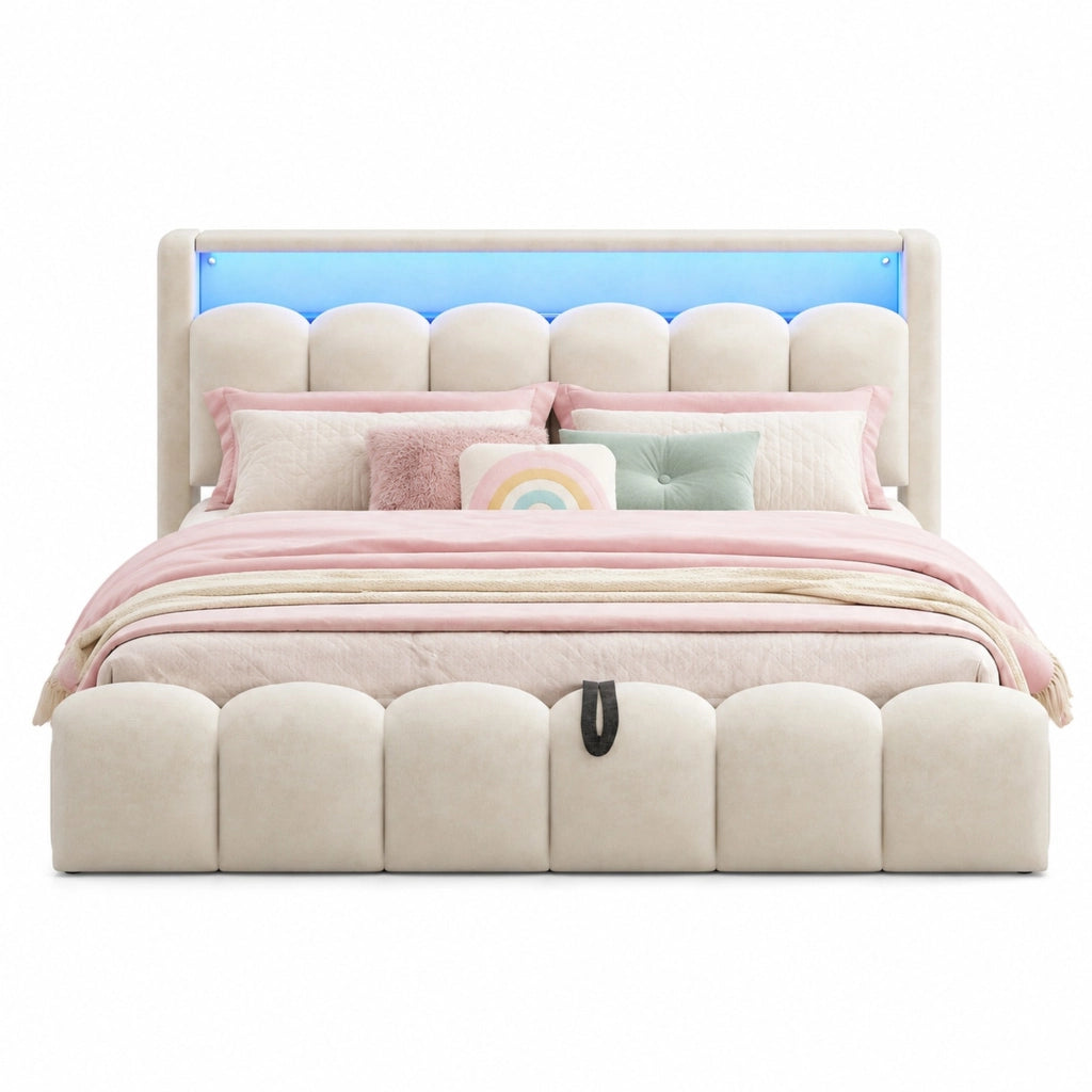 Letto matrimoniale imbottito 180x200 cm in velluto beige con LED; USB e contenitore idraulico