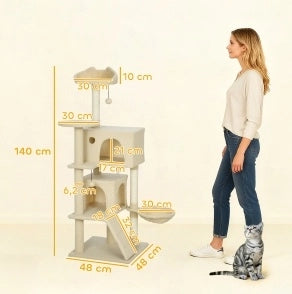 Tiragraffi ULEVR beige con piattaforme, cuccia, amaca, scala e pali rivestiti in sisal