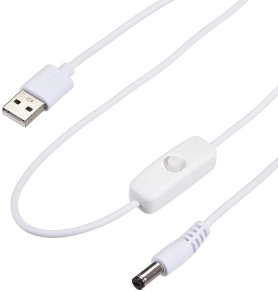 Cavo USB con interruttore on/off e connettore DC 5,5 x 2,1 mm, cavo estensibile 150 cm in bianco per lampade da scrivania a LED e led strip.