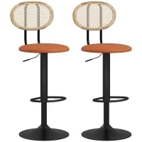 Set di 2 Sgabelli da Bar Regolabili in Altezza con Schienale in Rattan e Poggiapiedi, Marrone
