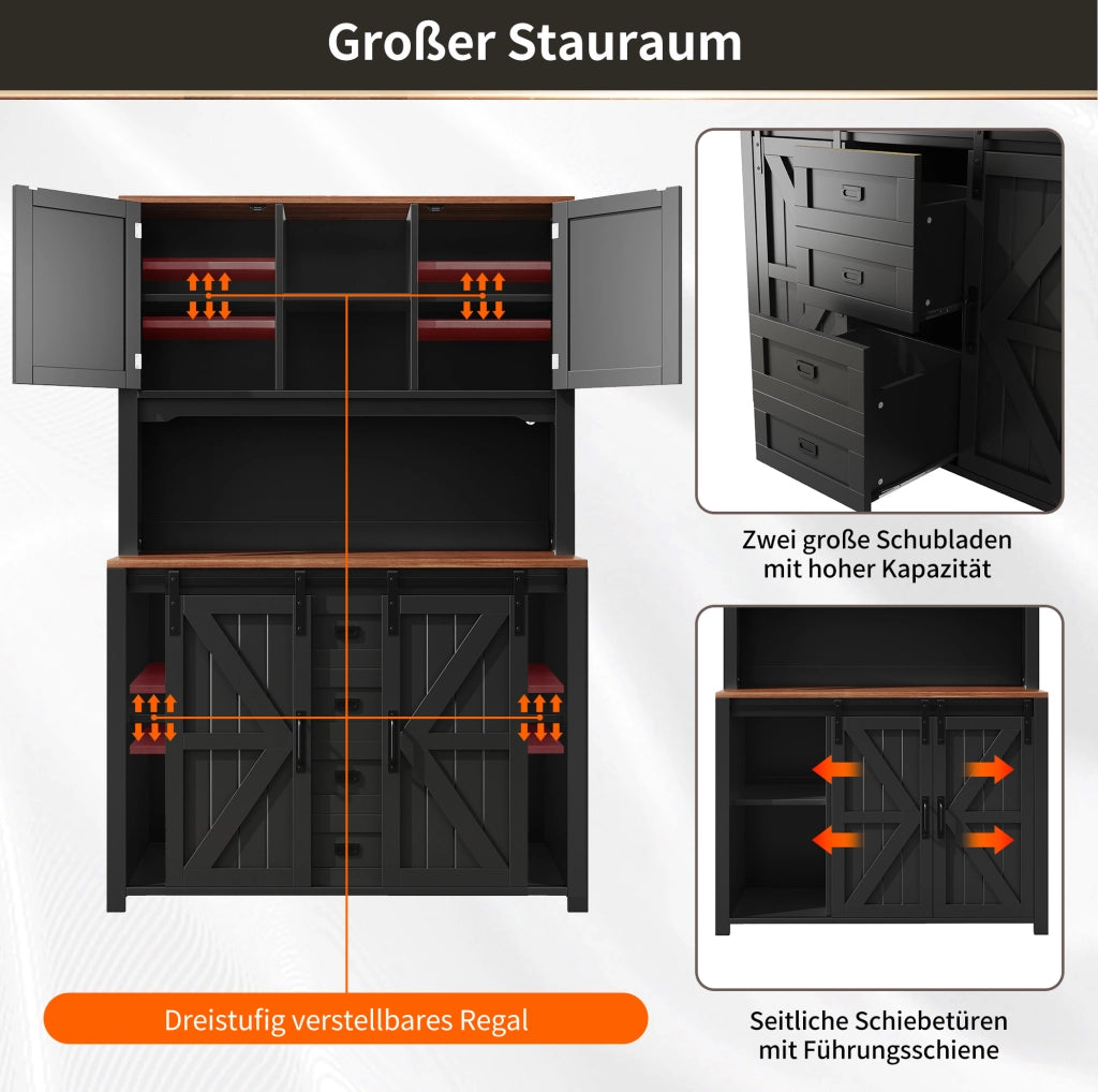 Credenza alta da cucina nera con LED e ante scorrevoli 115 cm