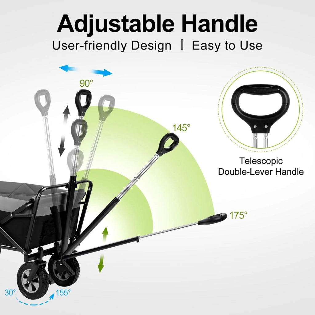 Carrello da Giardino Pieghevole, con Maniglia Regolabile, Carrello da Spiaggia Portatile con Tasche Laterali per Spesa, Picnic, Adatto a Vari Suoli, Portata 80 kg, Nero+Grigio