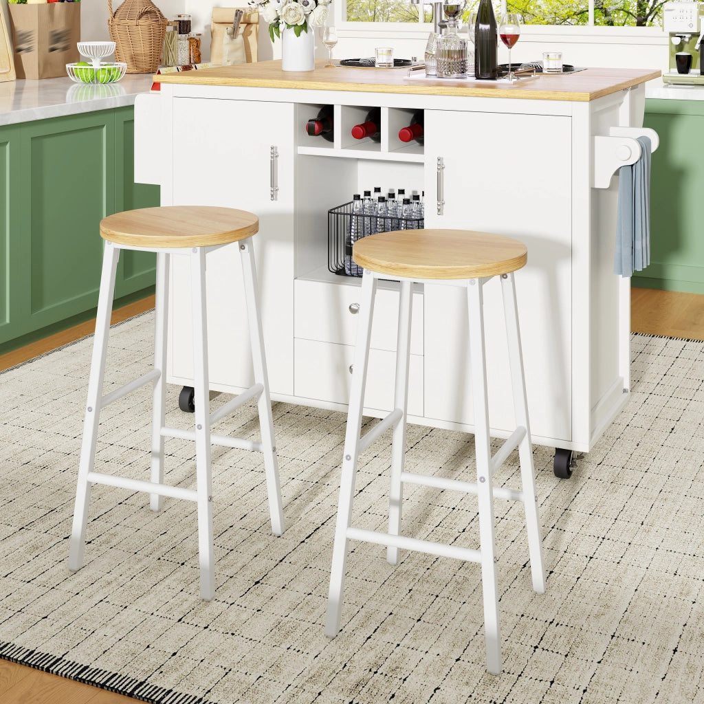Sgabello da bar set da 2 con doppio poggiapiedi e piedi regolabili in MDF effetto legno e metallo bianco