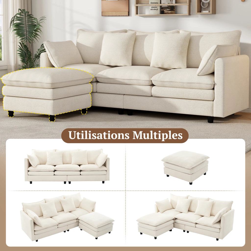 Divano angolare a 3 posti con chaise longue mobile in chenille beige, 3 schienali, 4 cuscini, 212 × 150 × 90 cm