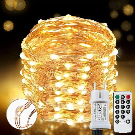 Fascia di luce - 220 led - 25 m - 8 modi - catena di luci - impermeabile - per interni ed esterni - rame - con timer a distanza - bianco caldo