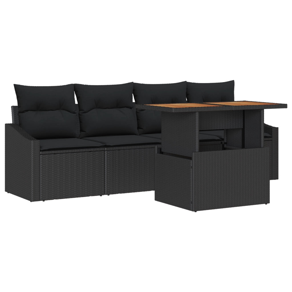 Set da Pranzo da Giardino a 5 Pezzi con Cuscini Rattan Polipropilene Nero Acacia