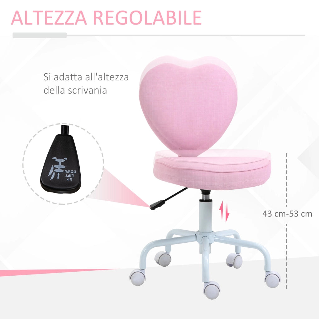 EasyComfort Sedia per Scrivania a Forma di Cuore con 5 Rotelle e Altezza Regolabile in Tessuto Rosa, 42x50x79-89cm