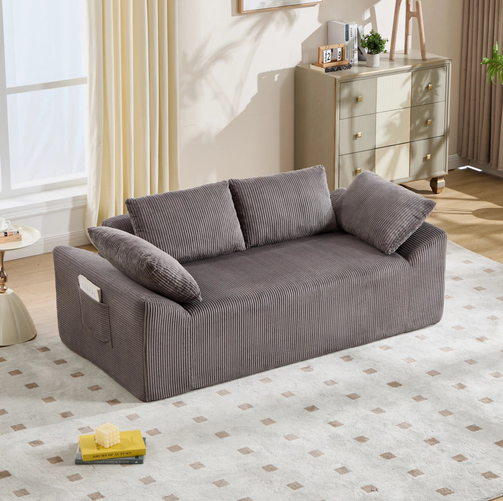 Divano basso senza struttura in tessuto marrone e grigio; 72x45x68 cm; con tasche laterali