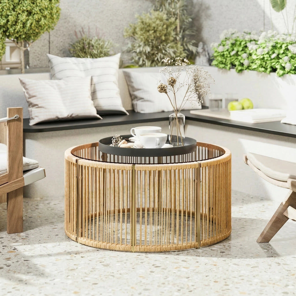 Tavolino da caffè in polietano con piano in vetro temperato Tavolino da giardino con struttura in acciaio 70 x 70 x 33 cm marrone